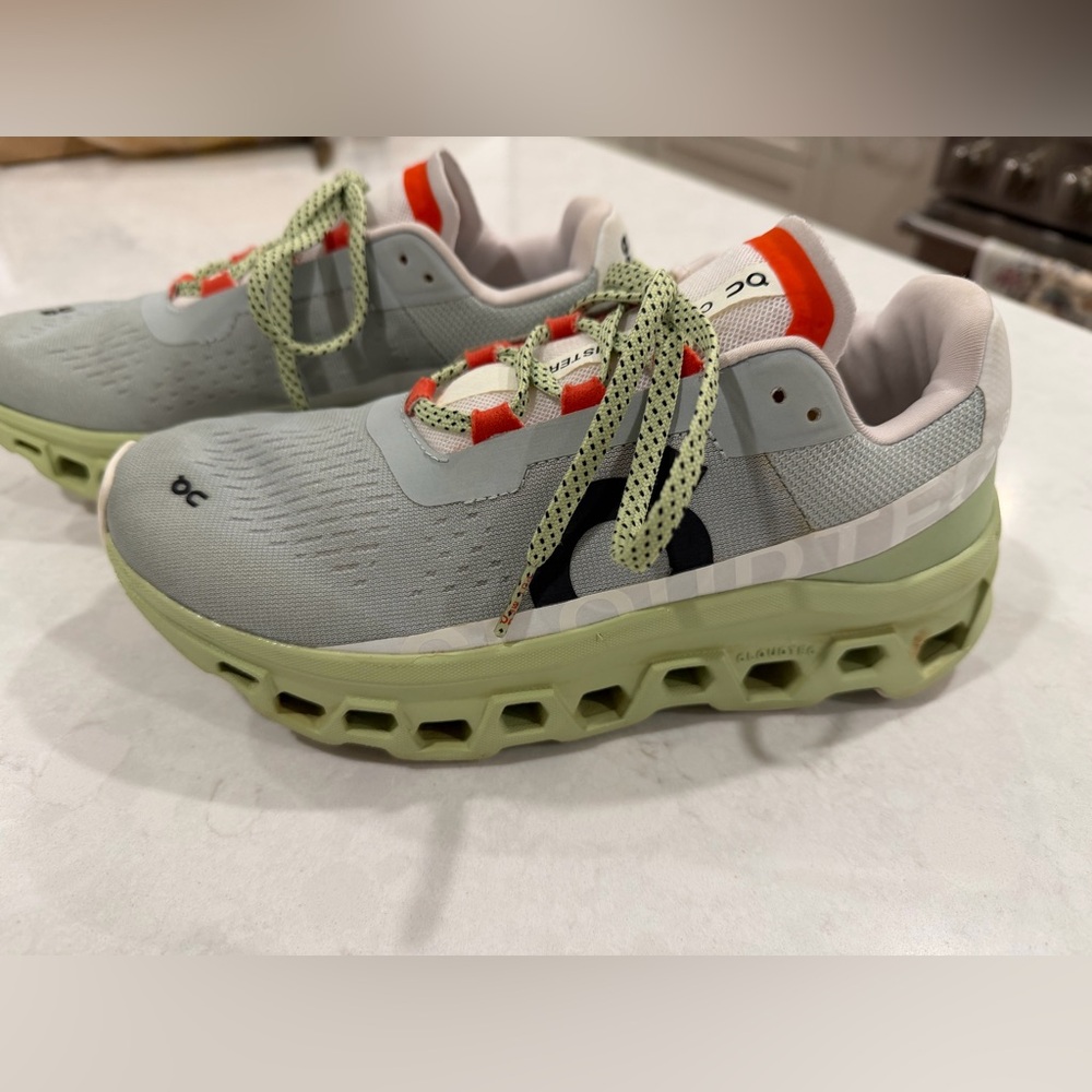 On Running Cloudmonster Athletic Shoes in Light Gray, Sage Green & Orange